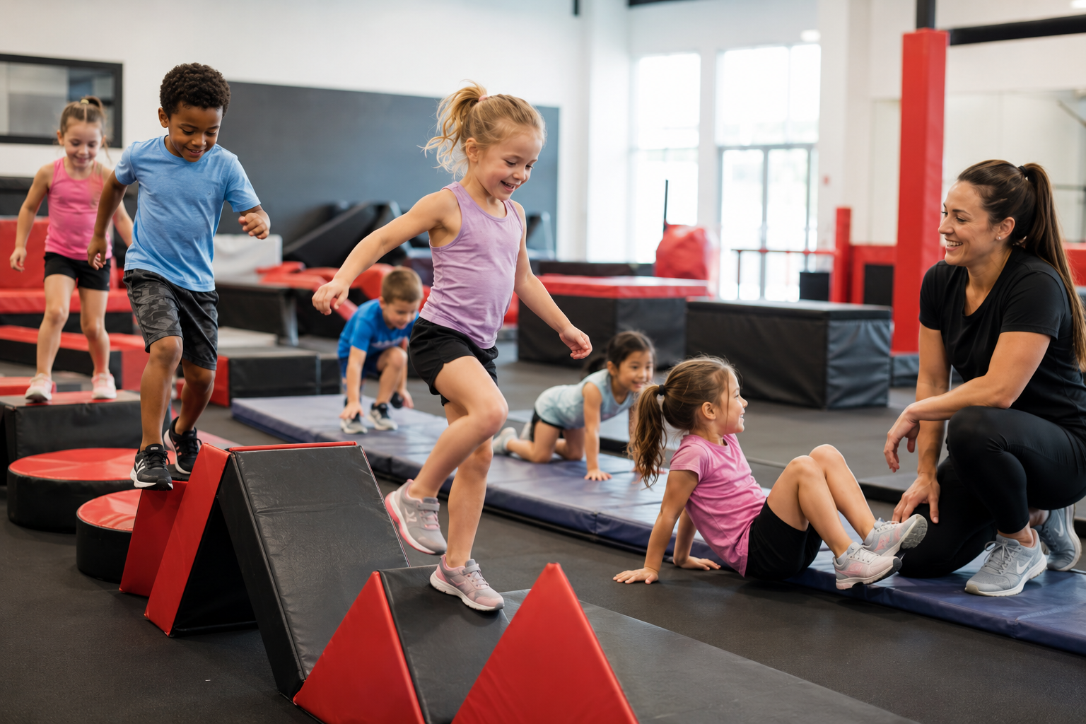 Children enjoying a beginner ninja and tumbling class
